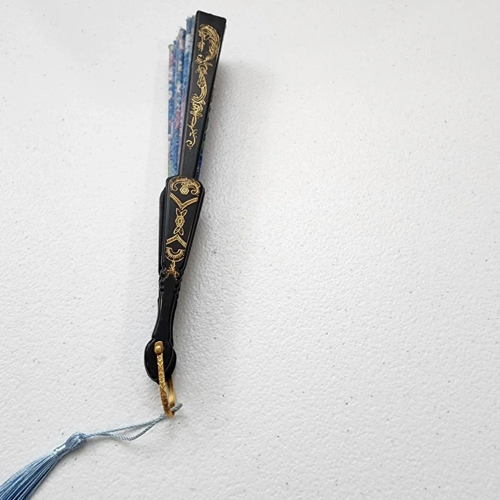 Vintage Japanese Flora Handheld Fan 2 Piece BLUE AND PINK